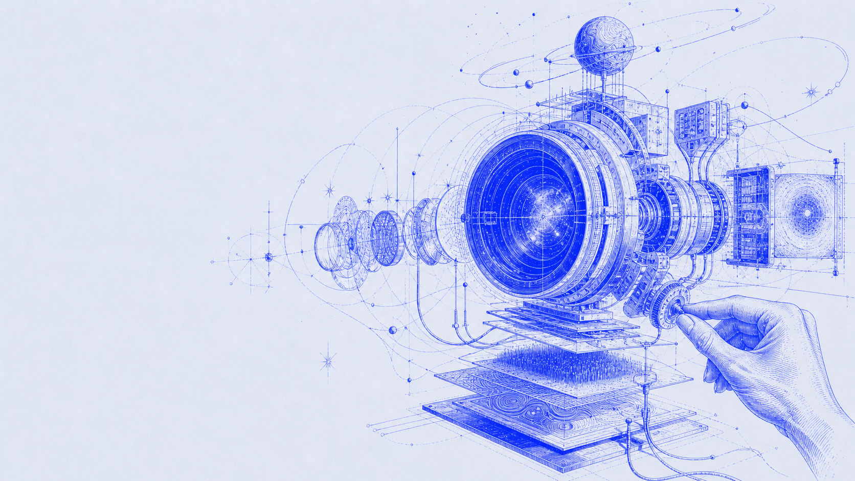 Cobalt technical illustration of a modular optical instrument being adjusted by hand